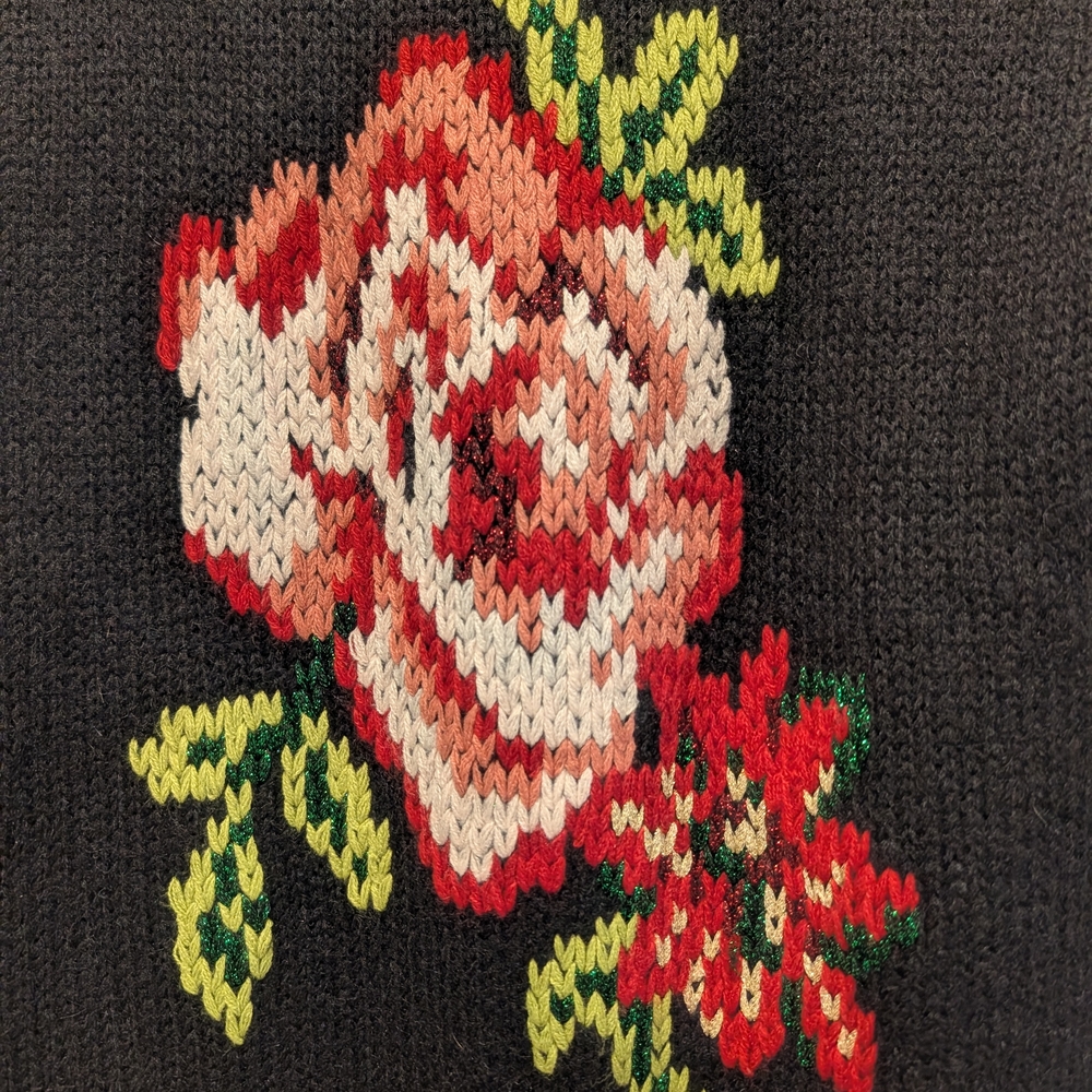RHAPSODY Women's Black Knit Crewneck Sweater with Red Floral Intarsia Design - Picture 3 of 7